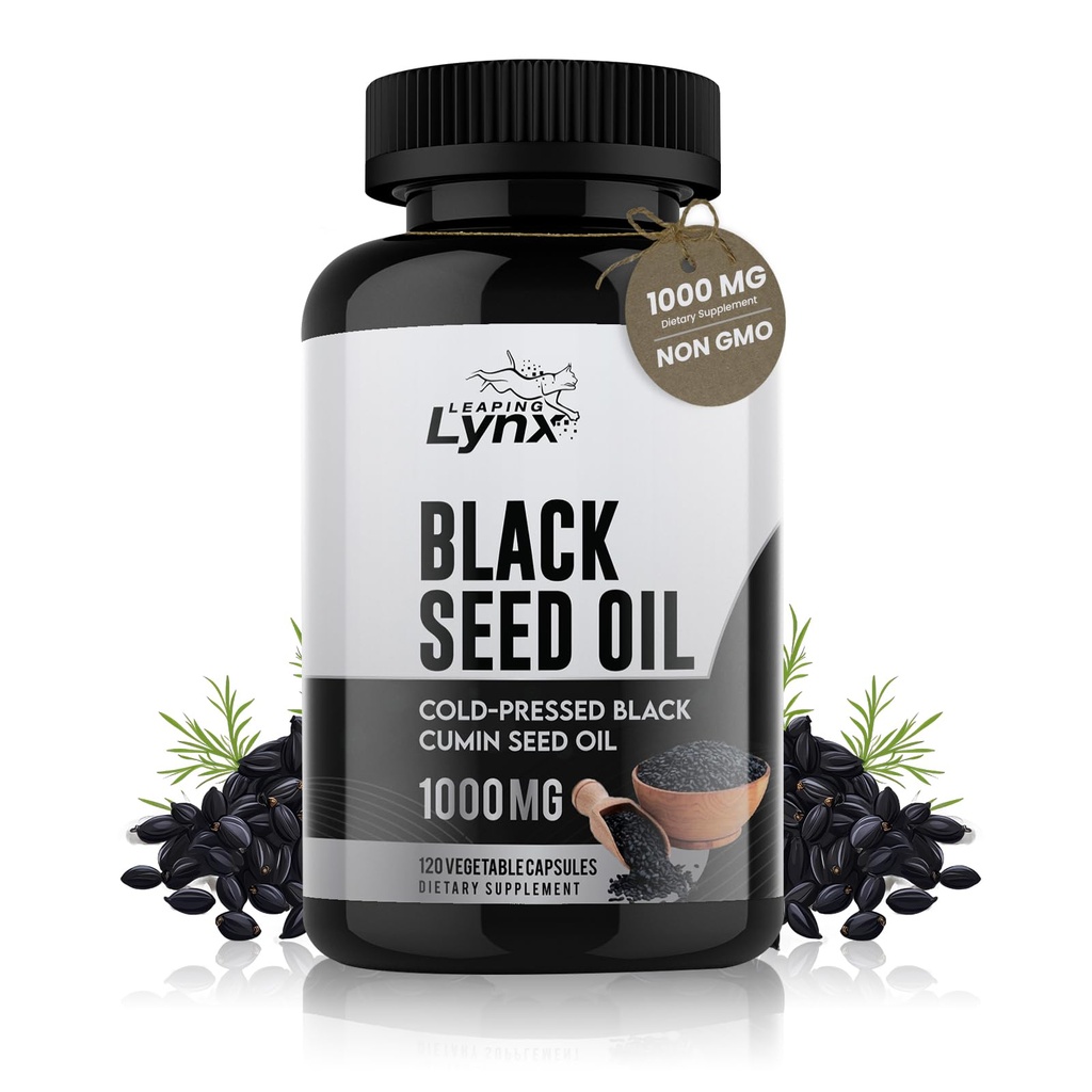 Pure Organic Cold- Pressed Black Seed Oil Capsules - Vegan Non- GMO Pure Nigella Sativa Black Cumin Seed Oil for Beauty Imunity & Celková podpora wellness - Thymoquinone- Rich 1000mg Serving (60 Day)