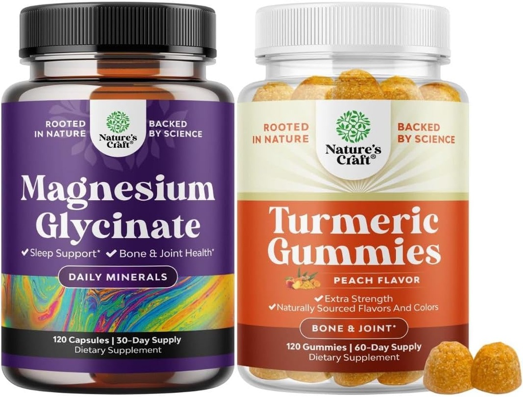 Balení čisté magnesium- glycinátu 400 mg na podání pro nálady a relaxaci a kurkumové gumy pro dospělé Peach Flavor - Extra síla Společná podpora