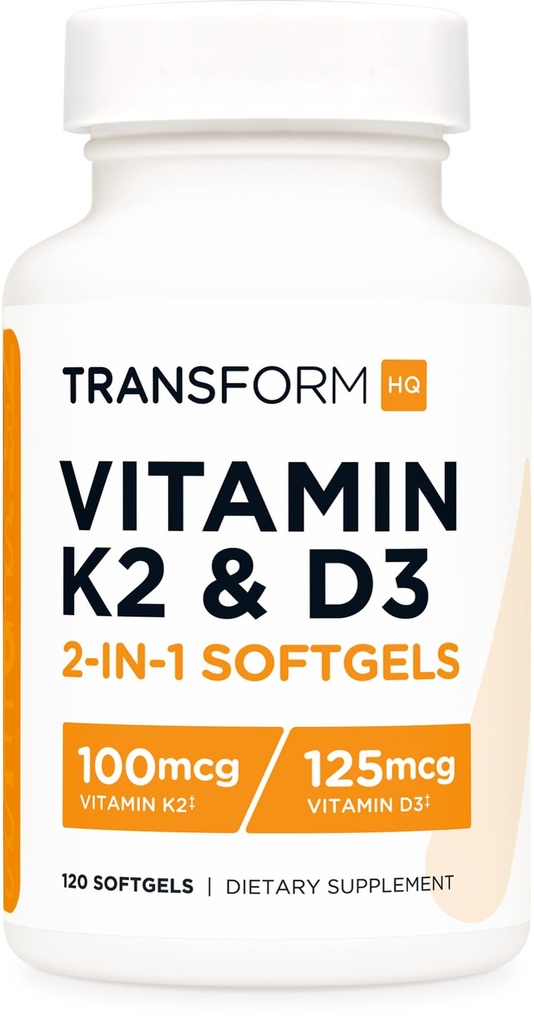 TransformHQ Vitamin K2 (MK7) (100mcg) + Vitamin D3 (5000 IU) 120 Softgels - Gluten Free a Non- GMO