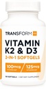 TransformHQ Vitamin K2 (MK7) (100mcg) + Vitamin D3 (5000 IU) 120 Softgels - Gluten Free a Non- GMO