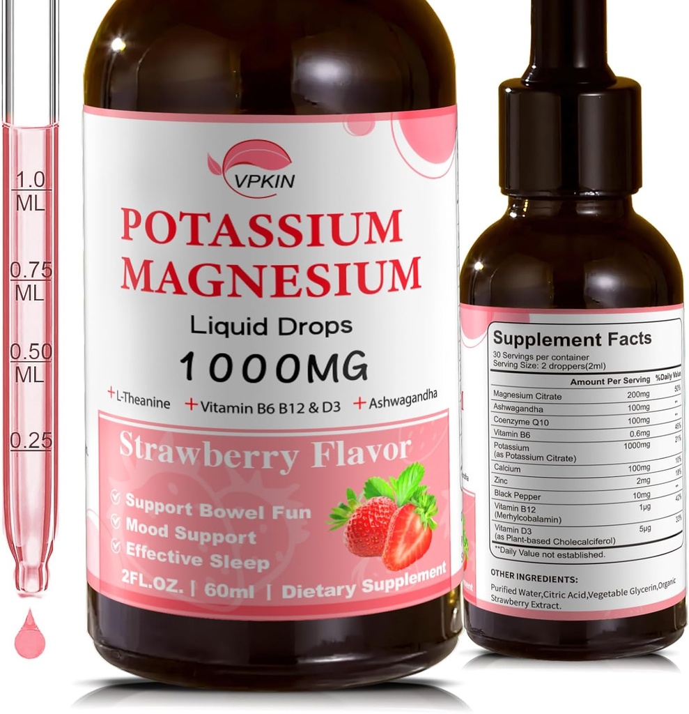 Draslík Magnesium doplněk citronanu, hořčík kapalné kapky s hořčíkem Glycinát 1000mg s Ashwagandha, zinek, podpůrný Clam & Support imunitní systém (Jahoda, 2 FL.oz.)