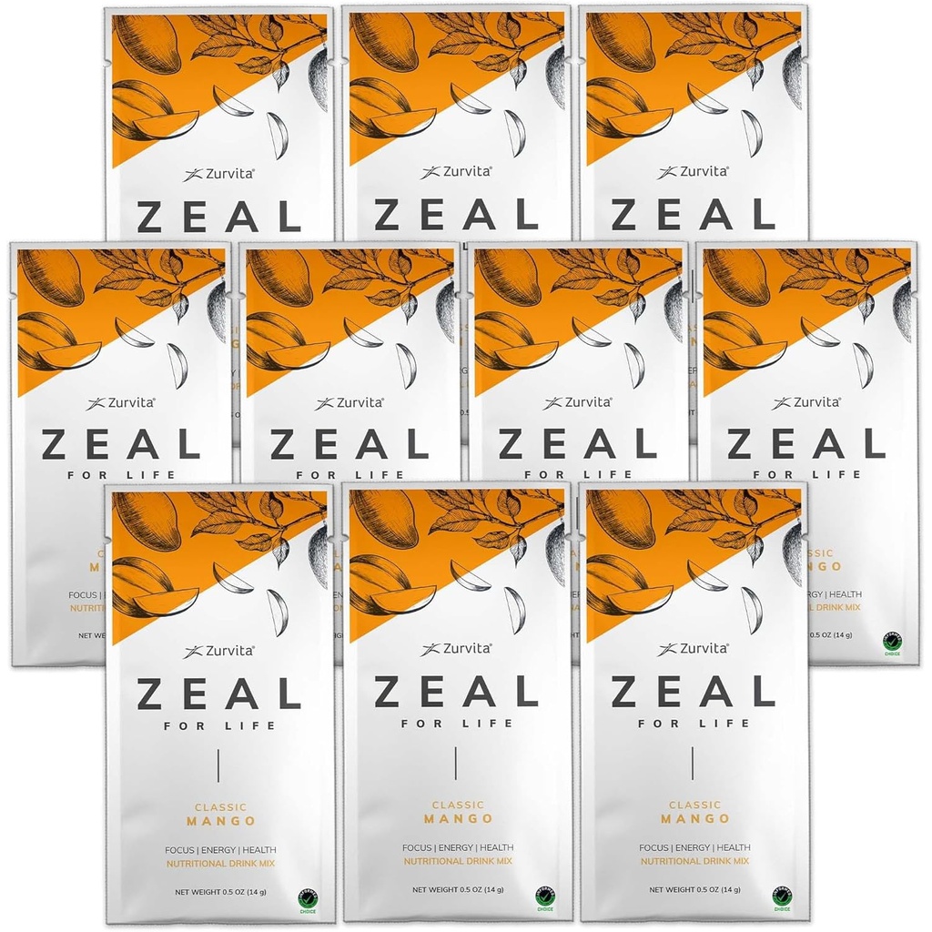 Zurvita - Zeal for Life Wellness Drink Mix - Classic Mango Flavor - Gluten- Free, Vegan, s Biotin, Vitamíny a minerály pro zdraví - 10 Packets