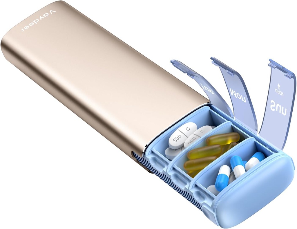 Vayelan Metal Travel Pill Organizátor, 7 dní týdně Pill Box, Velká kapacita Denní roztomilý Pill Pouzdro pro doplňky, pilulky, vitamíny a léky (malé, šampaňské)