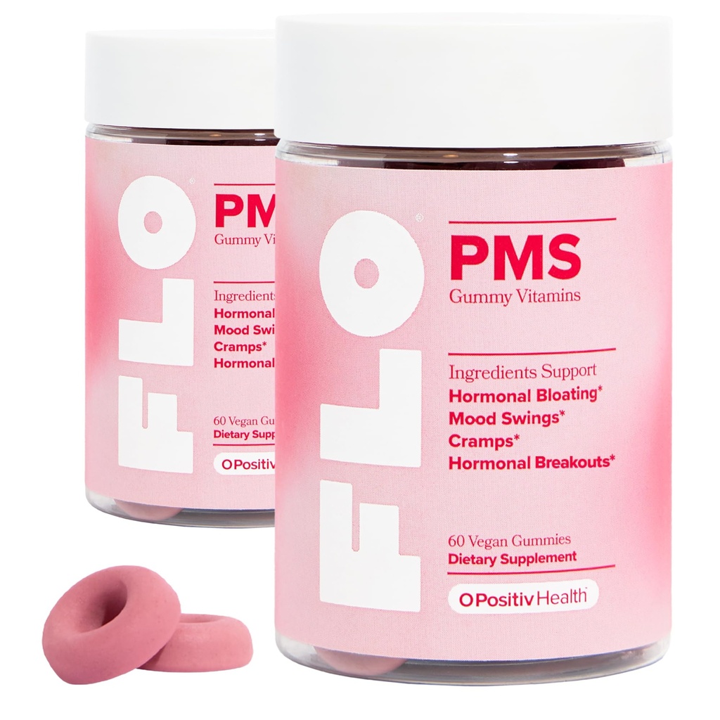 O Positiv FLO PMS Gummies for Women - Proactive PMS Relief - Cíle Hormonální Breatouts, Bloating, Cramps, & Mood Swings with Chasteberry, Vitamin B6, & Lemon Balm - PMS Gummies (Balení po 2)