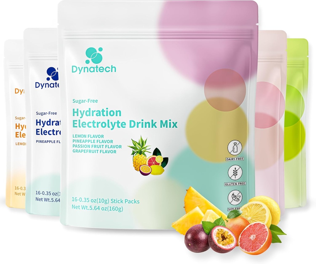 Dynatech Zero Sugar Electrolyte Drink Mix - Variety Pack - Hydration Powder Packets s 10 Electrolytes & Vitamíny CUR 124; Non- GMO, gluten Free, Vegan Electrolytes Powder Packets CUR 124; 16 Servings