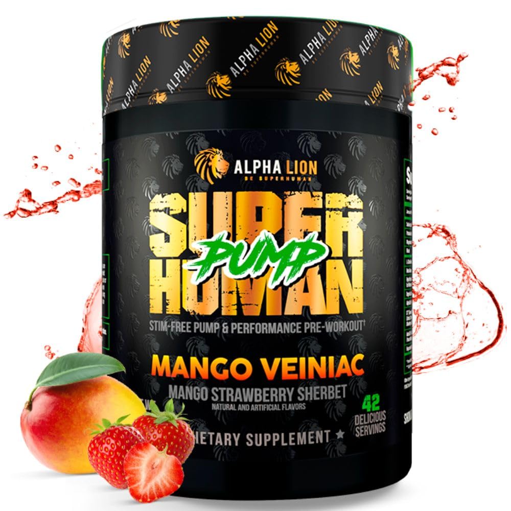 ALPHA LION Superhuman Pump Pre Workout Powder, Nootropic Caffeine & Stim Free Prefitness Dodatek, Oxidový booster, Muscle Gainer, Energy & Focus (42 Služení, Mango Veiniac Flavor)