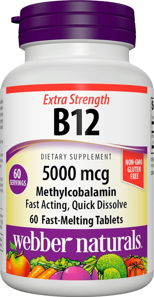 Webber Naturals Vitamin B12 5000 mcg, 60 Počet, Rychlé rozpuštění tablety, Vitamin dodatek Podpora pro energetický metabolismus, imunitní a srdeční zdraví, Vegetariánská Formule, 60 Den Dodávka