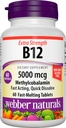 Webber Naturals Vitamin B12 5000 mcg, 60 Počet, Rychlé rozpuštění tablety, Vitamin dodatek Podpora pro energetický metabolismus, imunitní a srdeční zdraví, Vegetariánská Formule, 60 Den Dodávka