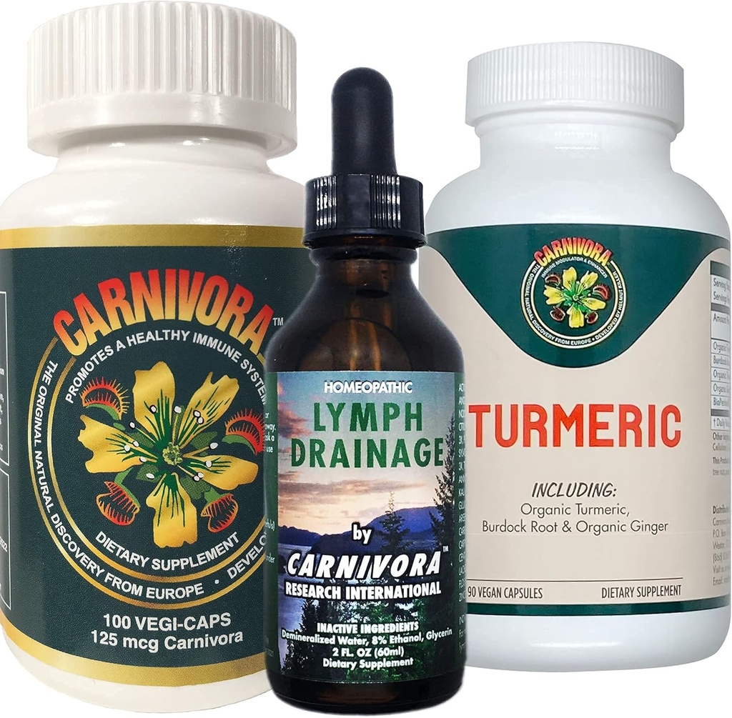 Carnivora Triple Play - Podpora imunitního systému, Lymfa systém Flush, a Vylepšení pro spojky a trávení (Bundle s 1 Láhev Každý z Carnivora Vegi- Caps, Lymfa Drainty, a Turmeric)