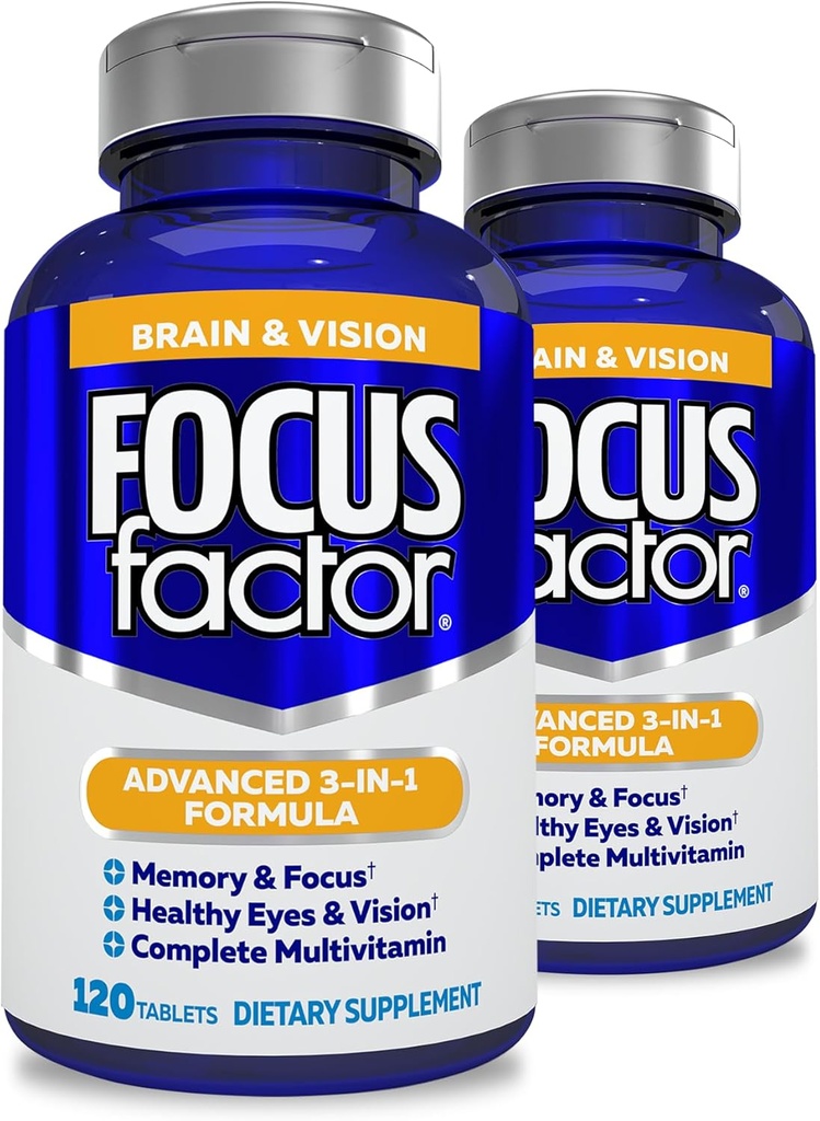 Focus Factor Dospělí Doplněk k mozku a vizi, 120 Count- Eye Vitamin, Minerální dodatek, Kompletní Multivitamin s Lutein & Zeaxanthin- Brain Dodatek pro zaměření, Koncentrace, Paměť (2 Pk)