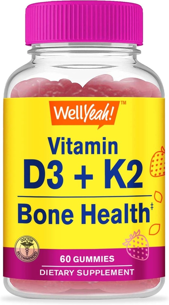 WellYeah Vitamin D3 + K2 Gummies - Vitamin D3 1000 IU, K2 100 MCG - Podpora zdraví kostí a svalů, přírodní aroma, GMO zdarma, Lepek zdarma, Vegan - K2 D3 vitamin- 60 Gummies
