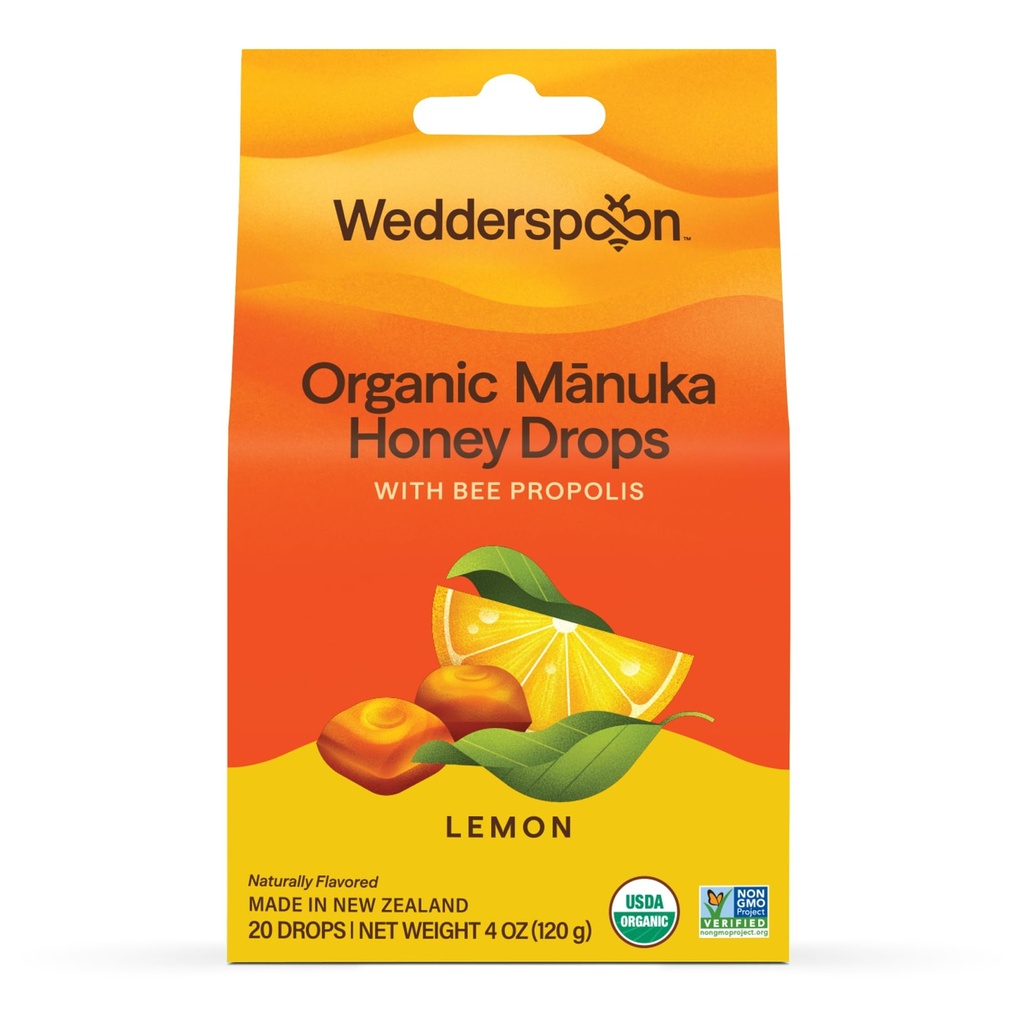 Wedderspoon Organic Manuka Honey Drops, Lemon & Bee Propolis, 20 Count (balení po 1) 124; Genuine New Zealand Honey D124; Perfect Remedy for Dry throats