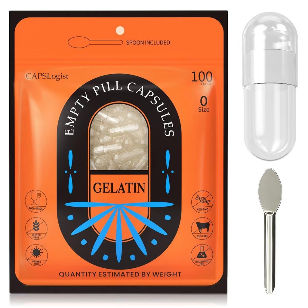 Pill Kapsle Prázdné velikosti 0, 100 Hrabě želatina kapsle s Micro Lab Spoon, DIY Pill Kapsle Plnicí, Gluten zdarma a non-GMO Certified, Clear