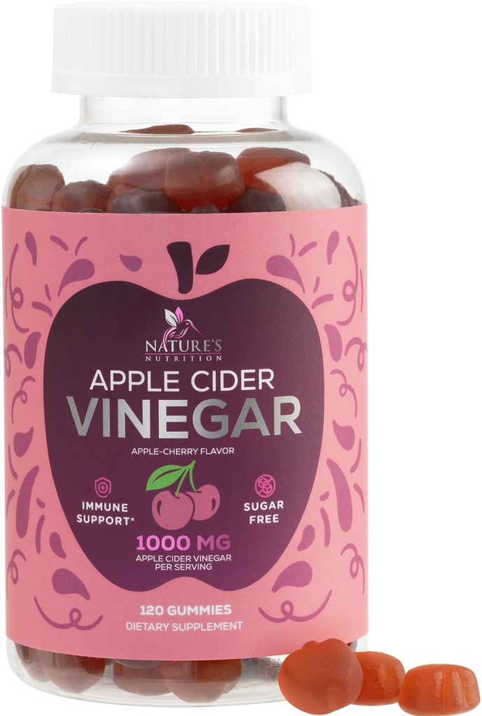 Vegan Apple Cider Ocet Gummy 1000mg - Cukr zdarma ACV Gummies Vitamíny dodatek s vitamínem B12 pro energii - Keto Friendly Digestion, Detox, Čistá podpora - Gelatin- Free, Non- GMO - 120 Gummies
