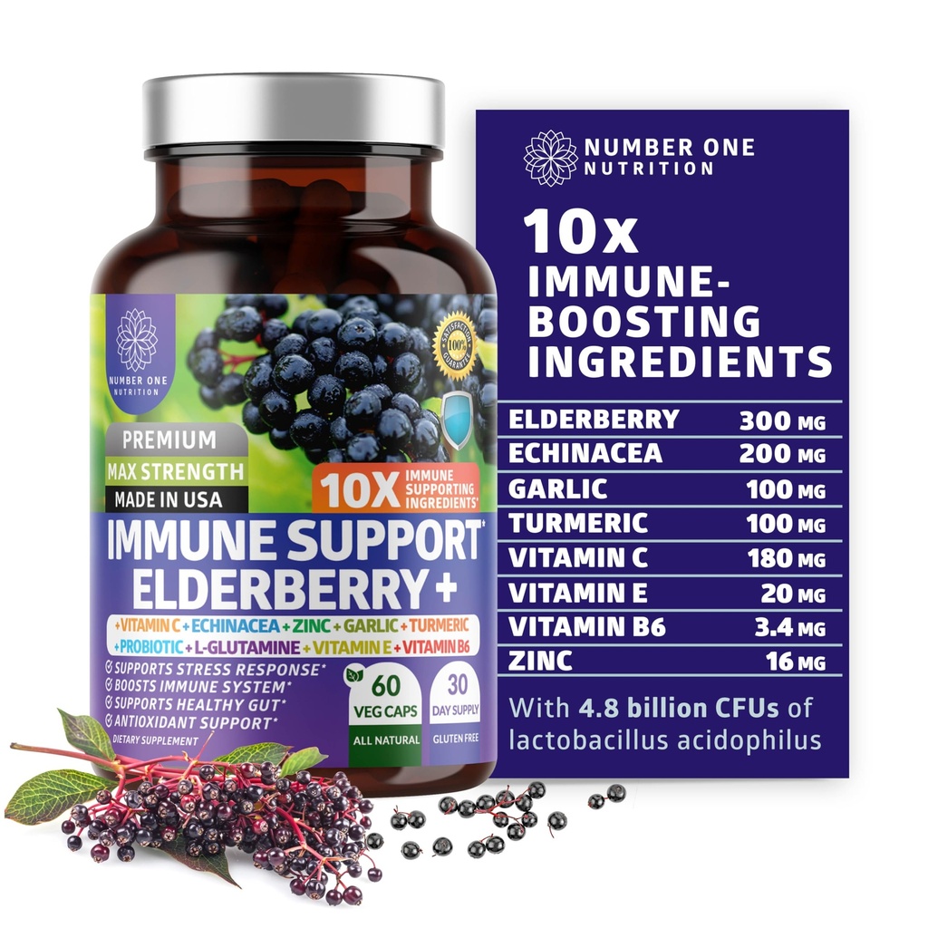 Premium 10 v 1 doplněk imunitní podpory [10 Mocné přísady] s Elderberry, Vitamin C, Echinacea, Zinek a Probiotika pro imunitní podporu, Gut zdraví a lepší stravovací, 60 Veg Caps