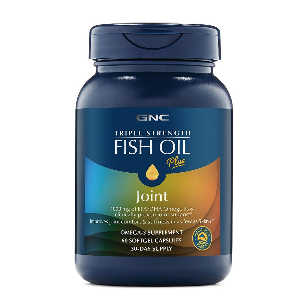 GNC Triple Strength Fish Oil Plus Joint Omega 3, 1000mg EPA a DHA, Heart Health, Plus Fast 5 Day Comfort, Brain, Skin, and Eye, Antioxidants and Botanical Extracts, Control Fish Burps, 30 Servings