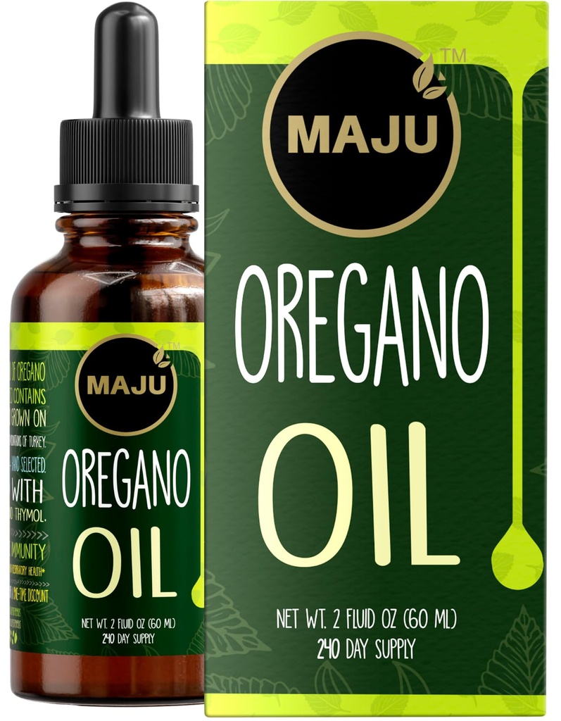 MAJU Oregano Oil Drops - Potent 90% + Carvacol (2 fl Oz) Wild Mediterranean Essential Oil of Oregano Liquid, Aceite de Oregano, Imunitní a sezónní podpora