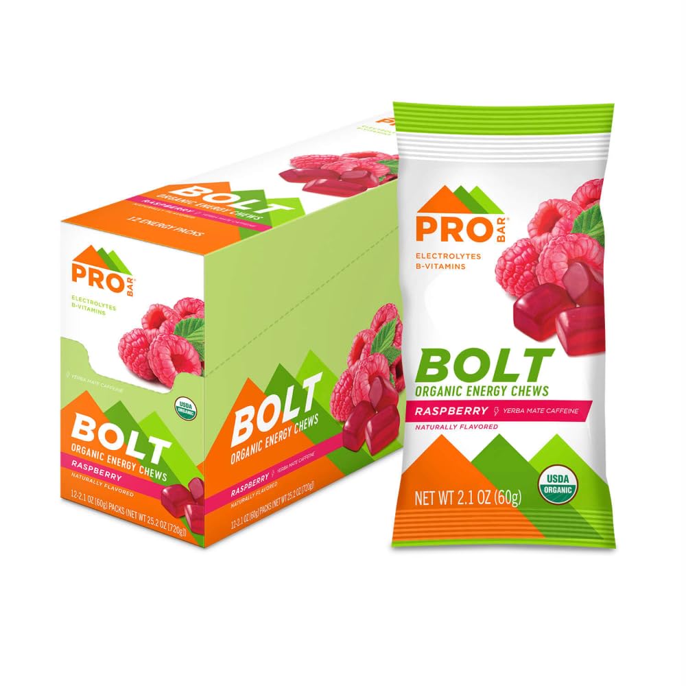 PROBAR - BOLT Organic Energy Chews, Malina, Non-GMO, gluten- Free, USDA Certified Organic, Zdravý, Přírodní energie, Rychlé palivové žlaby s vitamíny B & C (12 Počet)