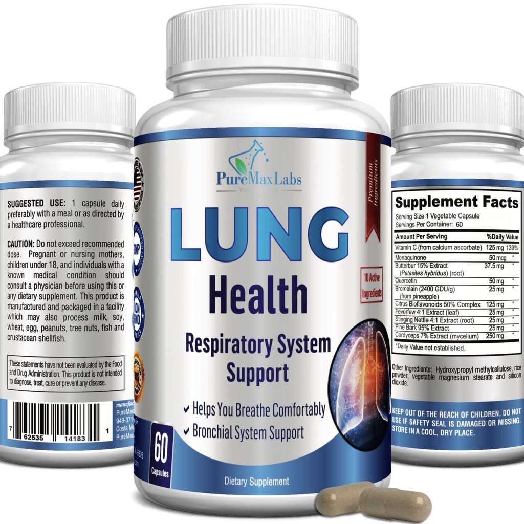 Lung Support Supplement, Lung Cleanse & Lung Detox Formule, Lung Zdraví Podpora pro čisté plíce, Pohodlné dýchání, Bronchial zdraví, 60 Kapsle
