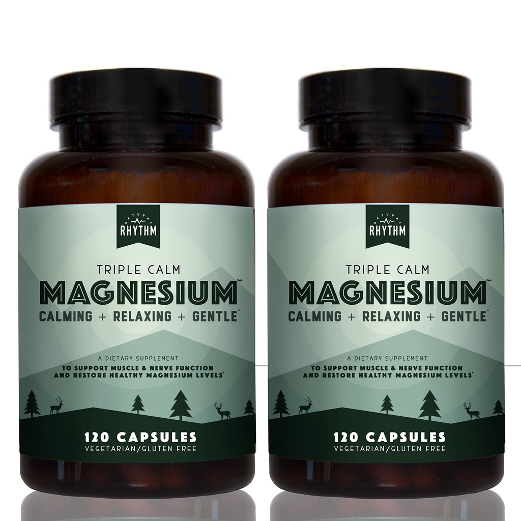 Přírodní rhythm Triple Calm Magnesium 150 mg - 2 Pack - doplněk hořčíku s magnesium- glycinátem, malátem a taurátem. Zklidňující směs pro podporu odpočinku a relaxace - 120 Počítání lahví