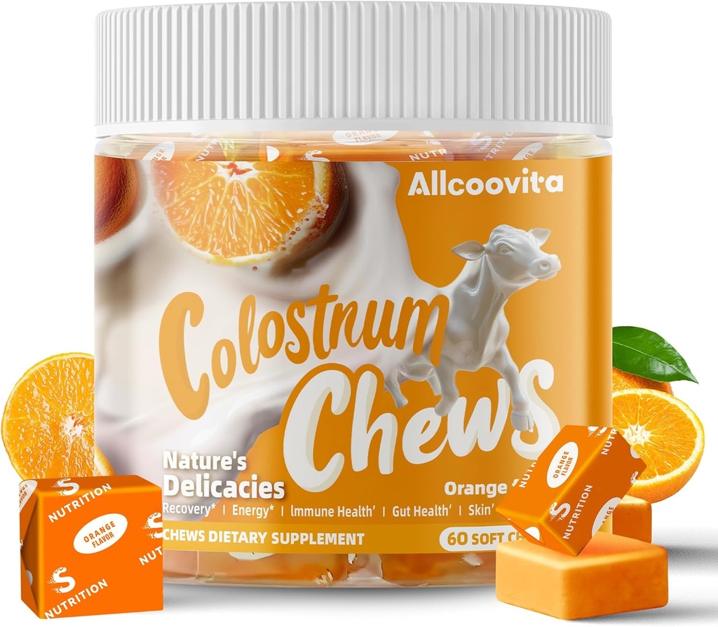 Bovine Colostrum Chews dodatek s probiotika pro Gut zdraví, nadýmání, imunitní podpora, kůže, růst vlasů a krása - Orange Flavor (60 Služení)