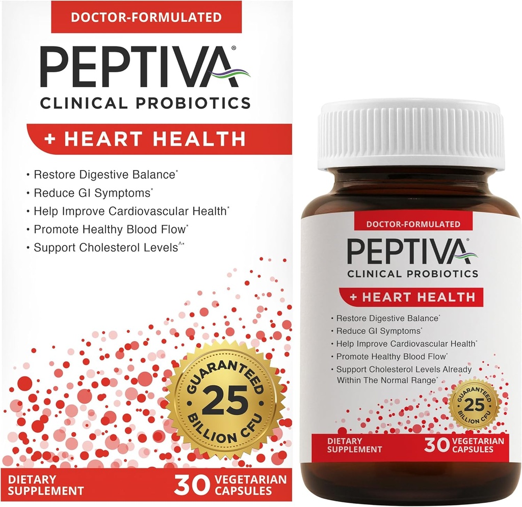 Peptiva Probiotika Zdraví srdce - Heart Health Supplement, 25 miliard CFU, Multi- Strain Probiotic, Lactobacillus Acidophilus, Bifidobacterium, Digestive Support - 30 Vegetariánské kapsle