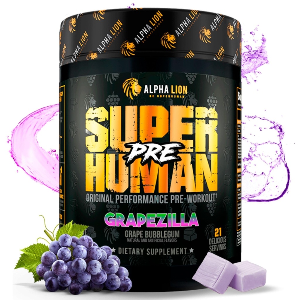 ALPHA LION Superhuman Pre Workout Powder, Beta Alanine, L- Taurin & Tri- Source Caffeine for Setrvalá energie & Focus, Nitric Oxide & Citrulline for Pump (21 Servings, Grapezilla)