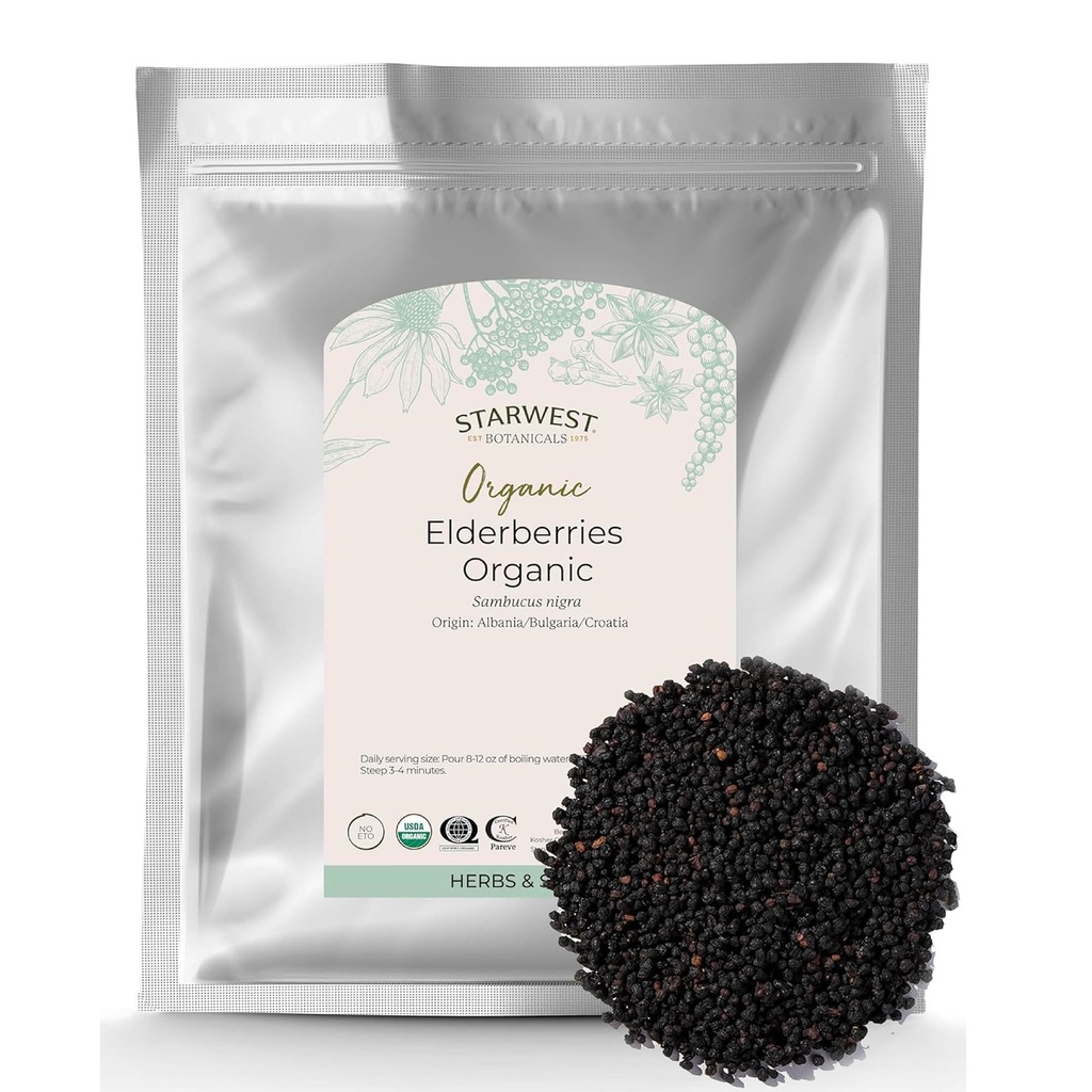 Starwest Botanicals Organické Elderberry - Sušené bezinky pro syrup, čaj, žampiony, & Jam, Přírodní imunitní podpora, Certified Kosher, Non- GMO - Bulk 1 LB Bag