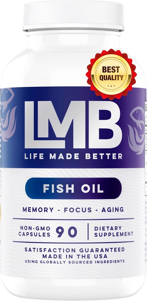 Wild Caught Omega 3 Fish Oil 3000mg - Triple Strength Burless DHA 900mg + EPA 1200mg Non- GMO - Enteric Coated with No After Taste - LMB (90 Soft Gels)