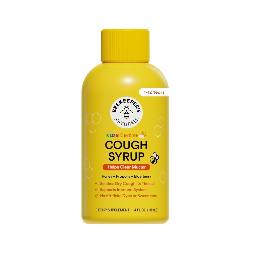 Beekeerovy naturals Propolis Honey Cough Syrup Daytime for Kids Imunitary Support with Elderberry, Vitamin C, Vitamin D & Raw Honey - Throat Soothing - Gluten Free & Clean Ingredients, 4 oz.