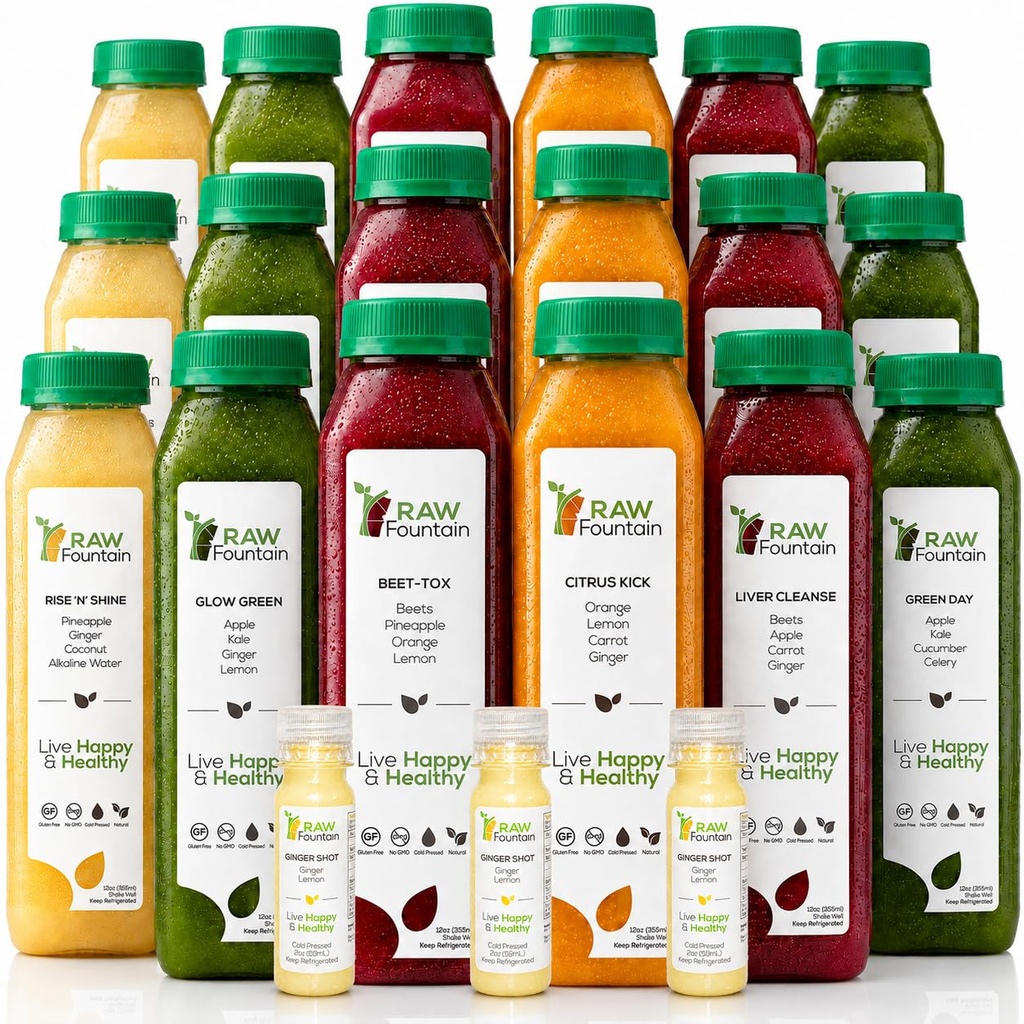 3 denní šťáva Čistá od syrové fontány, Všechny přírodní syrové Detox Cleanse, Juighting for Body Rest, Cold Pressed Juice Fast, Great Way to Jumpstart a Health Diet, 18 Lahve 12oz, 3 Ginger Shots