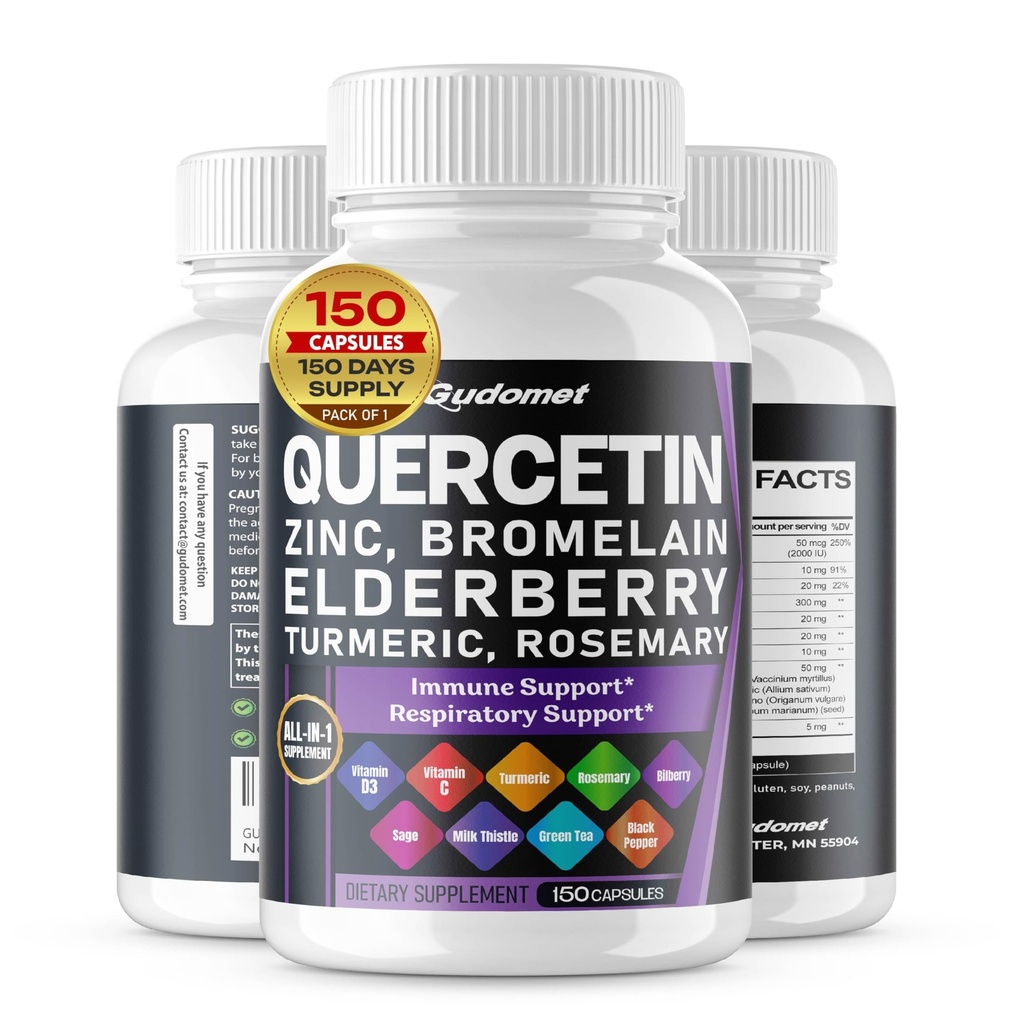 Quercetin Bromelain Zinek Vitamin D3 Elderberry Kurkuma Rozmarýn Bilberry Sage Odorless Česnek Zelený čaj Mléko Oregano -150 Kapule - Vyrobeno v USA