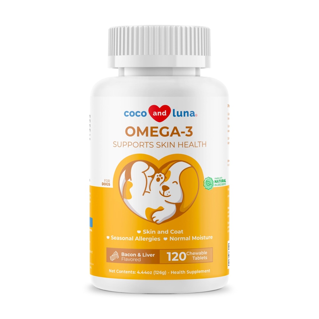 Omega 3 Rybí olej pro psy - 120 Žvýkací tablety - s Omega 3, 6, a 9, Vitamin E pro psa Shedding, ltchy, suchá kůže, kloubní a srdeční podpora