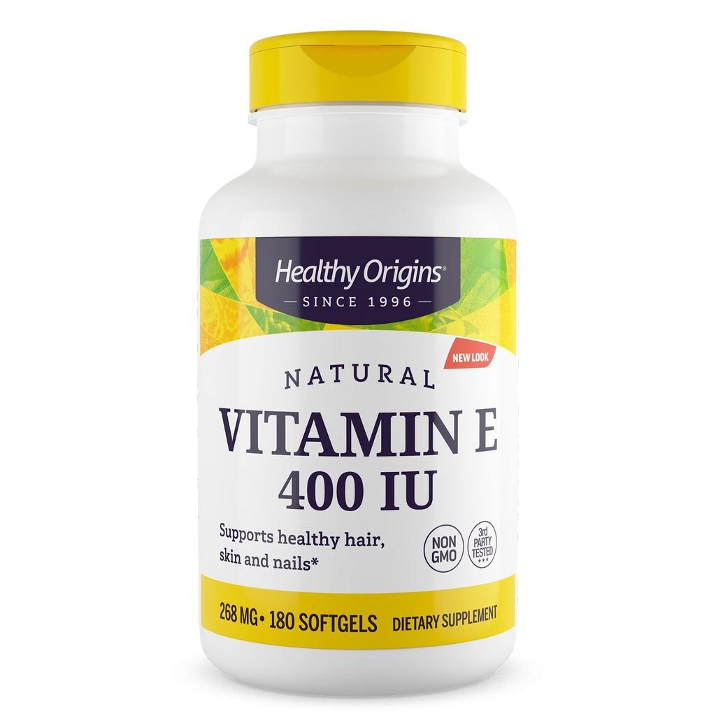 Zdravý původ vitaminu E 400 IU (přírodní, non-GMO, gluten zdarma, kožní podpora, kardiovaskulární podpora), 180 Softgels