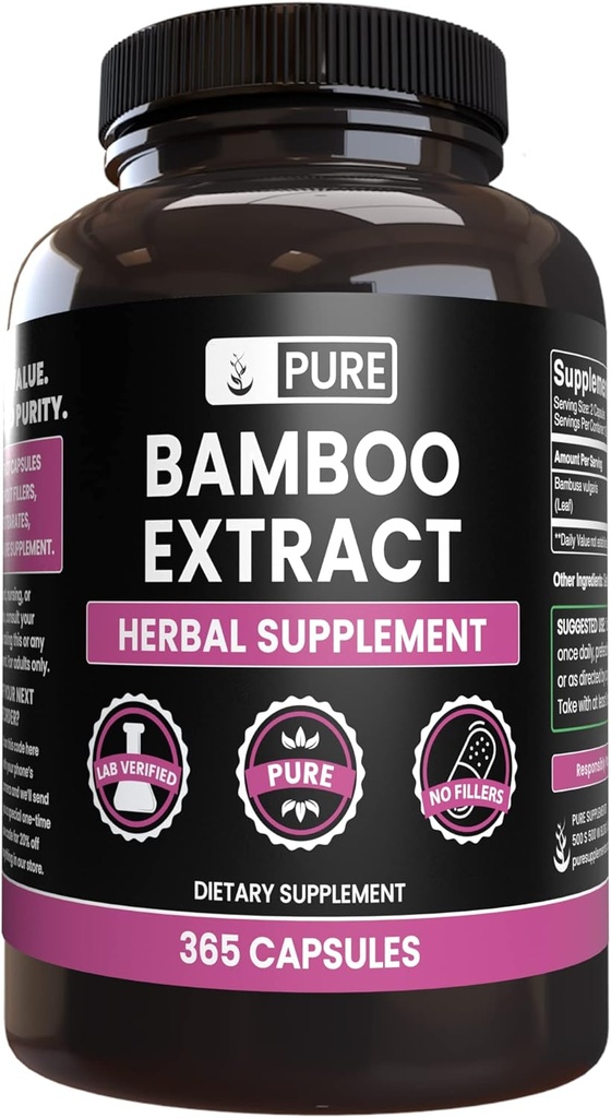 PURE Original INGREDIENTS Bamboo Extract (365 Kapsle) Ne hořčík nebo rýžové plnidla, Vždy čisté, Laboratorní ověřené