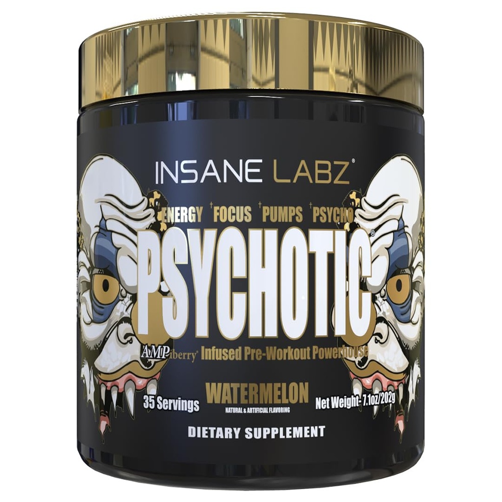 Šílený Labz Psychotické zlato, High Stimulant Pre Workout Powder, Extreme Lasting Energy Focus, Pumps and Endurance with Beta Alanine, DMAE Bitartate, NO Booster (35 Servings, Watermeloun)