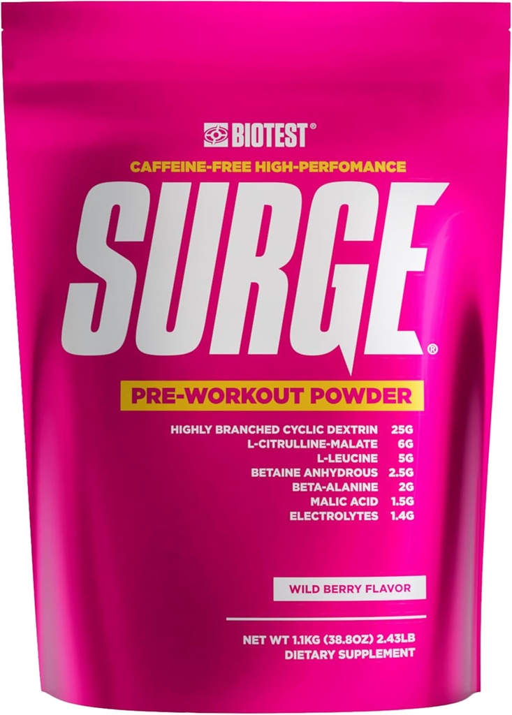 Surge Pre- Workout Powder - 25 g Vysoce rozvětvený cyklický dextrin, 6,5 g Citrulline Malate, 5 g L- leucin, 2,5 g Betaine Anhydrive, 2 g Beta- Alanin, 1,4 g Electrolyte Blend - 1,1 kg