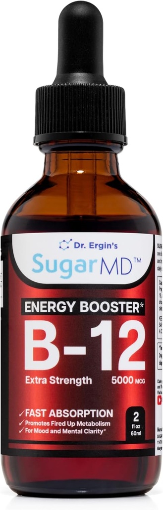 SugarMD Vitamin B12 5000 mcg Liquid Drops - 2 fl oz (60ml) Energy Drops pro ženy a muže - Non- GMO & gluten Free Liquid B12 Drops with Maximum Absorption Formule