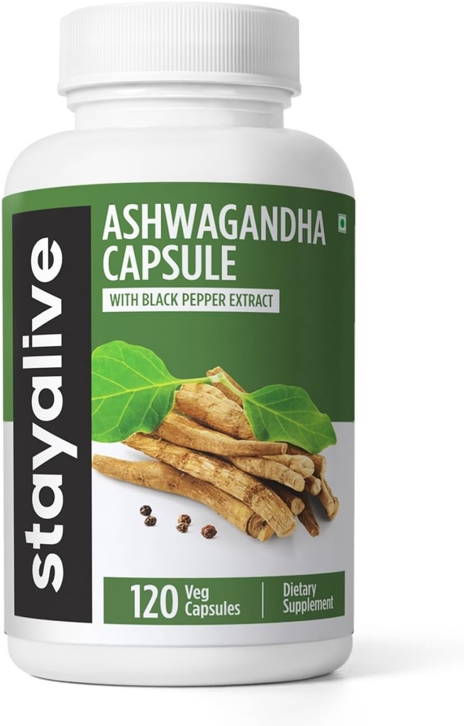 STAY ALIVE Ashwagandha s Black Pepper, 10: 1 Extract, 120 pilulky, 100% čistý kořenový prášek, extra silné kapsle, Non- GMO & gluten zdarma Ashwagandha doplňky pro ženy a muže