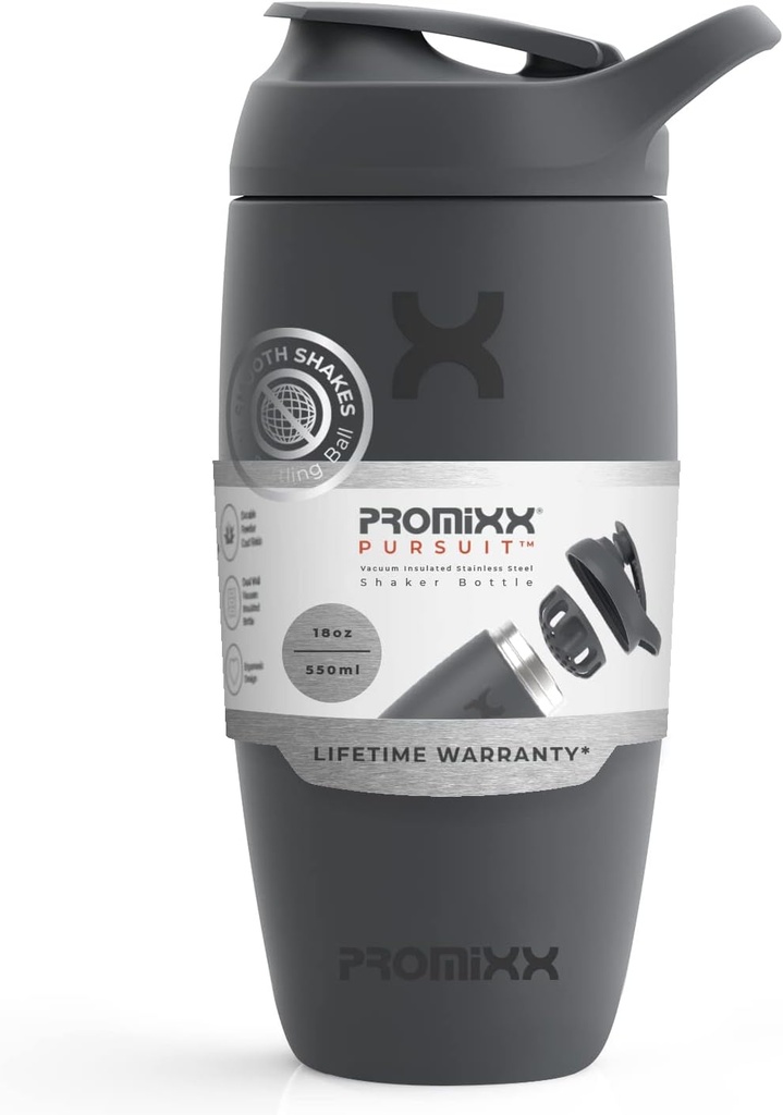 Promixx Pursuit Shaker Bottle Izolated Stainless Steel Water Bottle and Shaker Cup, 18oz, Graphite Gray