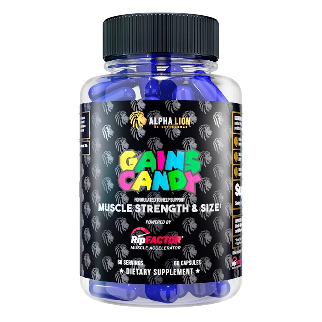 ALPHA LION Gains Candy, Doplněk pilulky pro růst svalů, Velikost, & Síla, Oxidový booster nitric, Builder Muscle, Použití Denní upgrade Energy & Workout Performance, 60 Kapsle (RipFACTOR ®)