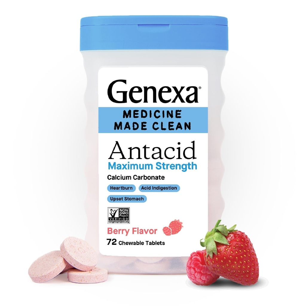 Genexa 3 Pack čisté antacida Žvýkací tablety CY124; Maximální síla uhličitanu vápenatého pro Heartburn, Acid Indigestion & Upset Stomach Relief CY124; Barviva zdarma, 0% umělé přísady CY124; Berry Flavor, 216ct