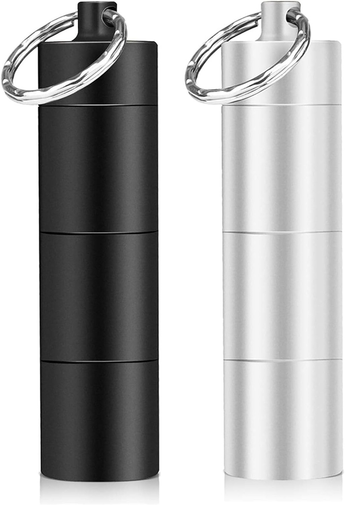 Opret 2 Pack Keychain Držák na Pill, 3 Compartments Metal Small Pill Case, Vodotěsný přenosný cestovní Pill Box, Pill Kontejner na kabelku, Matte Black & Silver