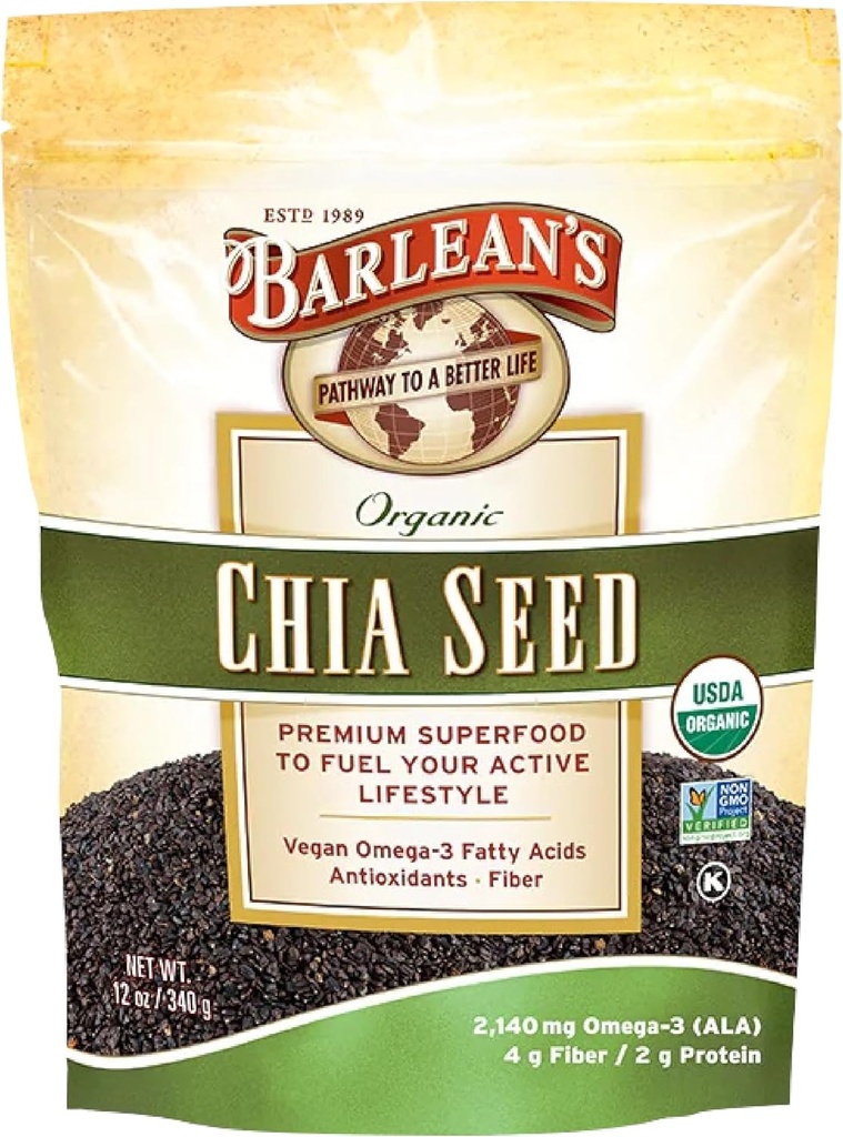 Barlean 's Organic Chia Seeds with 2,140 mg Omega 3 Fatty Acids, Fiber Supplement for Whole Chia Seed for Smoothies, Non- GMO Certified, 12 oz
