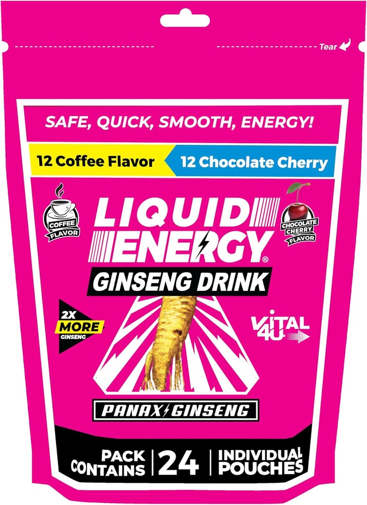 VITAL 4U ® Liquid Energy Shot - Coffee & Chocolate Cherry Combo Pack, ženšen, B vitaminy, přirozeně slazené, 24 ct