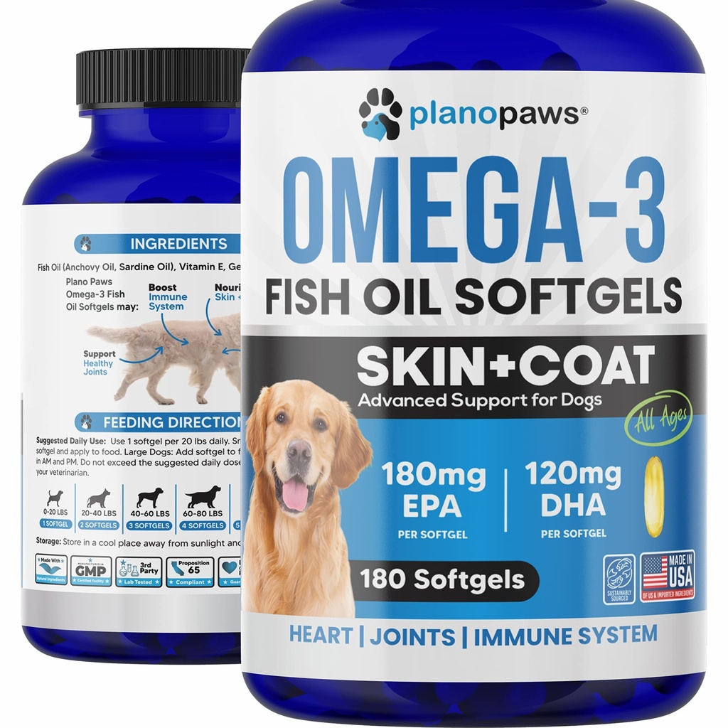 Omega 3 Rybí olej pro psy Kapsle - Lososový olej pro psy - Doplněk pro psy Rybí olej Může pomoci Shedding, Alergie, Svědění - Podpora suchá kůže, Sponky - Dog Skin and Coat Supplement - 180 Rybí oleje pilulky