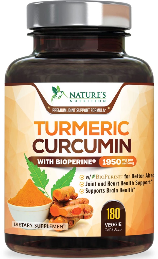 Kurkumin dodatek 1950mg - 95% kurkuminoidy s organickou kurkumou & BioPerine Black Pepper Extract pro nejlepší absorpci, Nature Vegan Joint Support, Non- GMO, Lahvička v USA - 180 Kapsle