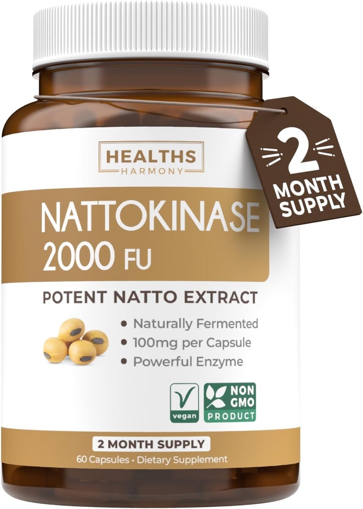 Zdravotní Harmony Nattokináza 2000 FU (Non- GMO) Výkonný doplněk Nattokinázy Vyrobeno z přirozeně fermentovaných sójových bobů - (2 měsíční dodávka) 60 Vegan Natto Kapsle