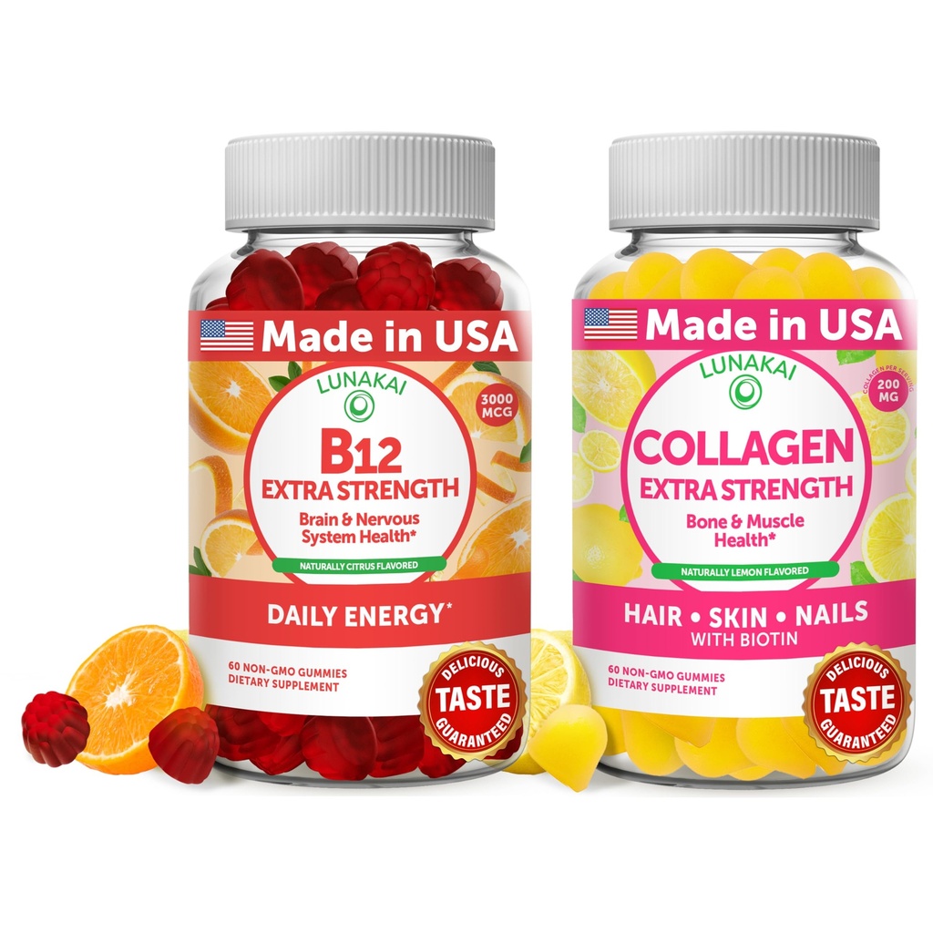 Lunakai Vitamin B12 a kolagen Gummies Bundle - 3000 mcg methylkobalamin High Absorption Energy Gummies - Non- GMO Anti Aging doplňky pro muže a ženy - 30 dní dodávky