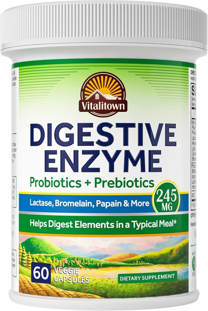 Vitalitown Digestive Enzyme CLAS124; 3- in-1 Formule CLAS124; Probiotika + Prebiotika CLAS124; 60 Veg Caps CLAS124; 245 mg CLAS124; Seven Key Enzymes CLAS124; Bromelain, Lactase CLAS124; pro Digestion CLAS124; Vegan, Non- GMO